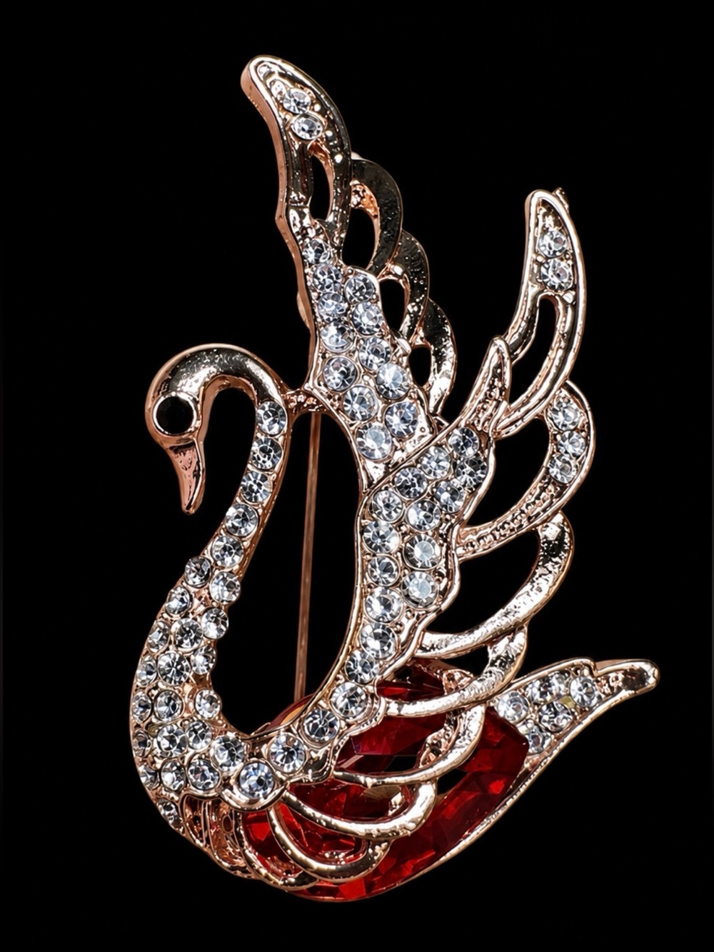 Crystal Swan Brooch with Red Accent - Elegant Women's Jewelry
